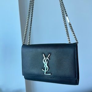 Black caviar leather YSL monogram Kate with silver hardware